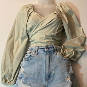 Mable Sage Green Puff Sleeve Crop Top | size: S
